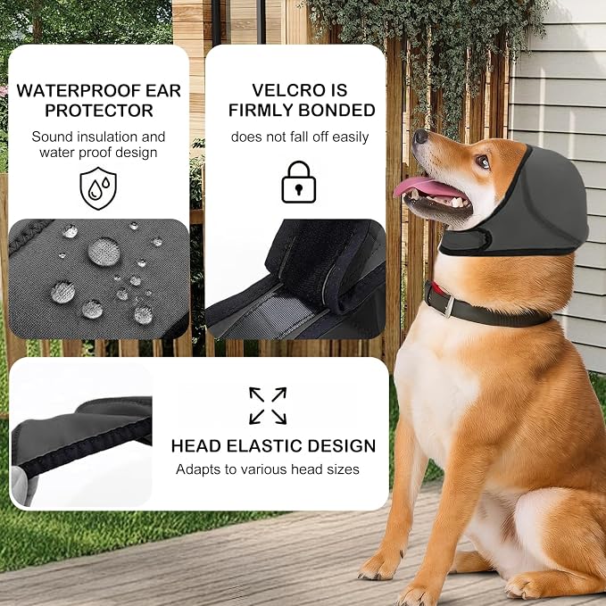 Dog Ear Muffs &No Flap Ear Wraps for Dogs for Swimming, Bath & Noise Anxiety Relief – Waterproof Ear Covers for Aural Hematoma Prevention, Quick-Dry Calming Hoodie for Grooming, Fireworks, Vet Visits