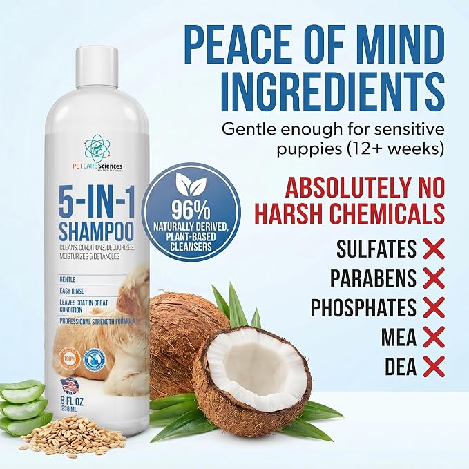 8 floz 5 in 1 Dog Shampoo for Itchy Skin - Sensitive Skin Dog Shampoo for Smelly Dogs - Dog Shampoos & Conditioners - Made in The USA