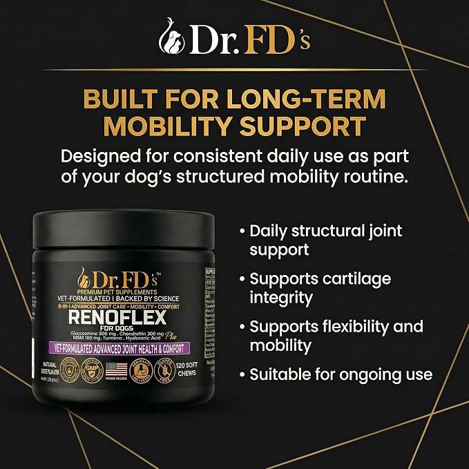 Dr. FD's RenoFlex Dog Joint Supplement, Vet-Formulated Soft Chews, 120 Count, Hip and Joint Support with Glucosamine, Chondroitin, MSM and Turmeric, Joint Comfort and Mobility, Natural Beef Flavor
