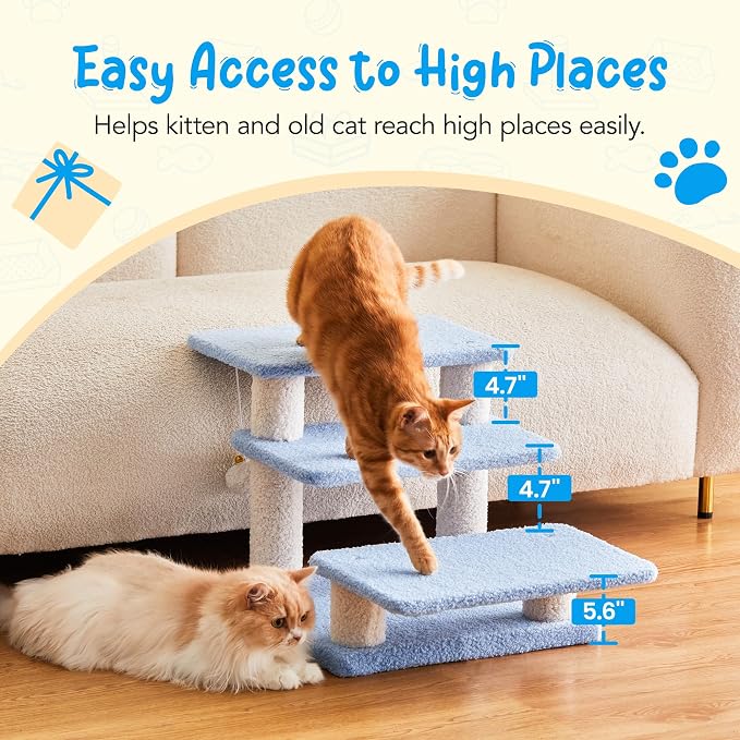 15''H Multi-Step Pet Stairs for High Beds & Sofas, 3-Step Cat Stairs with 2 Toy Balls, Wide Boards for Indoor Kittens Dogs Pets Climbing, Blue