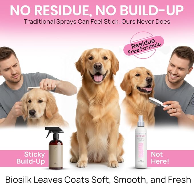 BioSilk for Dogs Silk Therapy Detangling and Shine Spray, 8 Fl Oz, 2-Pack | pH-balanced, paraben-free leave-in mist with silk and vitamins, dematting spray for all coats and breeds