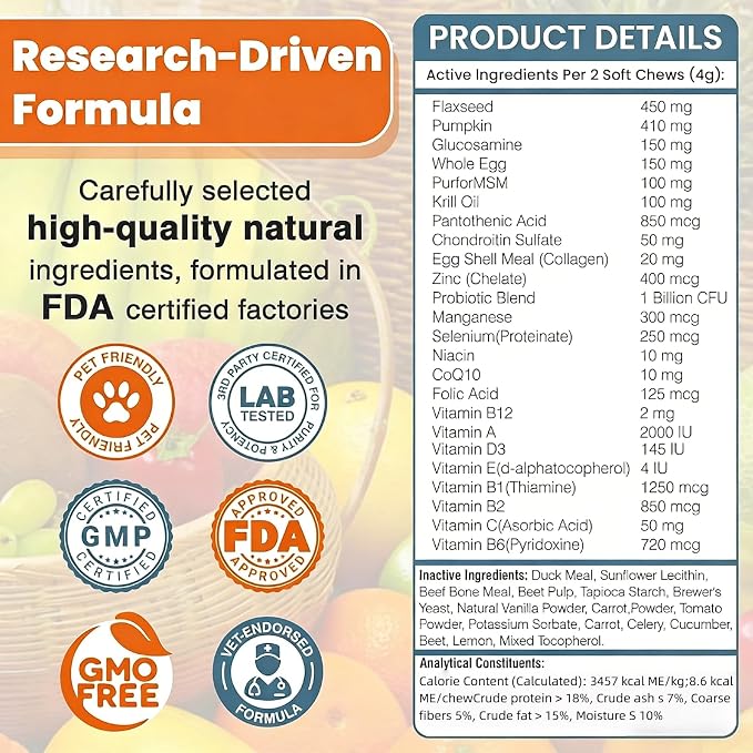 24-in-1 Dog Vitamins and Supplements, Dog Multivitamin Chewable with Glucosamine, Chondroitin, Probiotics & Omega 3 for Skin and Coat, Hip and Joint, Gut and Immune Support, 200 Chews