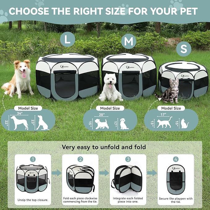 Siedihit Dog Cat Playpen, Puppy Pet Playpen Indoor for Small Dog Crate Tent Cage Outdoor, Portable Pop Up Dogs Enclosure Kennel with Carrying Case for Dogs/Cats/Rabbits(Grey, Small