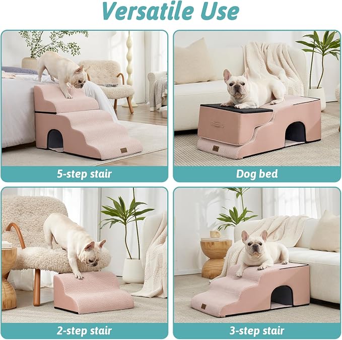 COZY KISS Small Dog Stairs with Tunnel, 5 Step Pet Ramp for High Bed | Curved Stable Dog Step for Puppy, Older Cat, Senior, Medium, Short-Legged Dog, Non-Slip Ladder for Car, 22.4" H, Pink