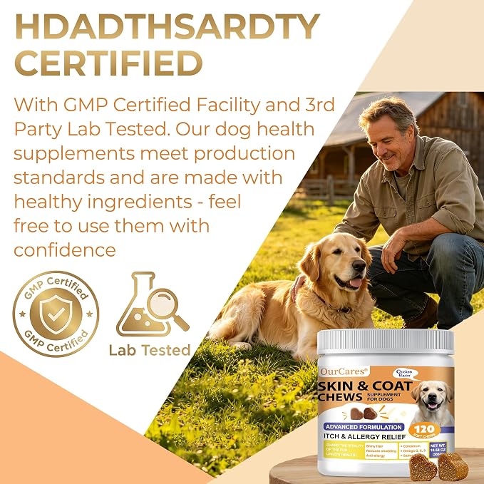 Skin and Coat Supplement for Dogs, Omega 3 Fish & Salmon Oil with EPA & DHA, Colostrum Support Skin & Coat Healthy, Itchy Dog Allergy May Reduce Shedding, Chicken Flavor, 12 Ct