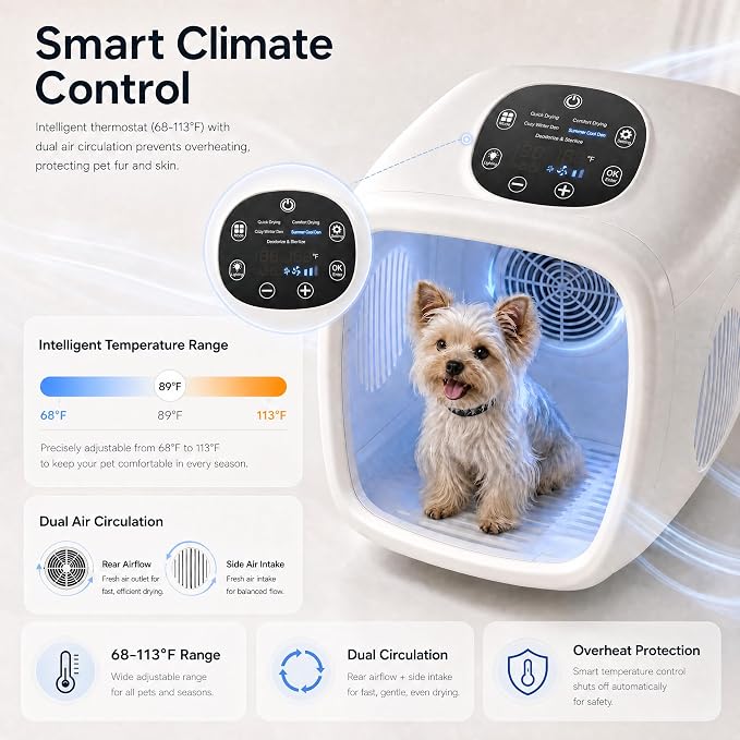 Pet Grooming Dryer Box (For Pets Up to 16lbs) | High-Efficiency & Quiet <26dB, Smart Temperature Control, 25-60 Minute Fast Drying, Negative Ion Hair Care