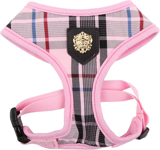 Puppia Junior Over-The-Head Dog Harness Checkered Pattern No Choke No Pull Adjustable Chest Belt Walking Training for Small and Medium Dog, Pink, X-Large