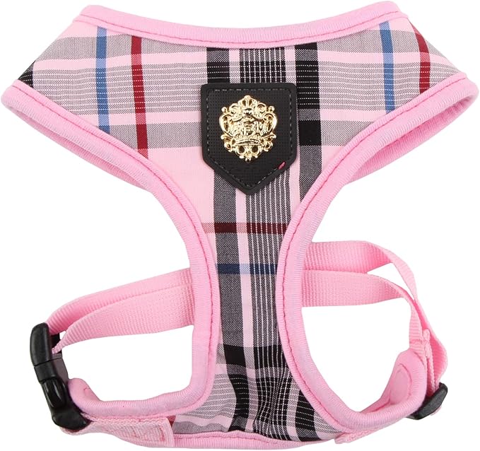 Puppia Junior Over-The-Head Dog Harness Checkered Pattern No Choke No Pull Adjustable Chest Belt Walking Training for Small and Medium Dog, Large, Pink