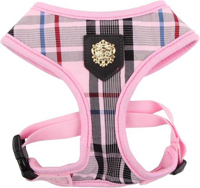 Puppia Junior Over-The-Head Dog Harness Checkered Pattern No Choke No Pull Adjustable Chest Belt Walking Training for Small and Medium Dog, X-Small, Pink