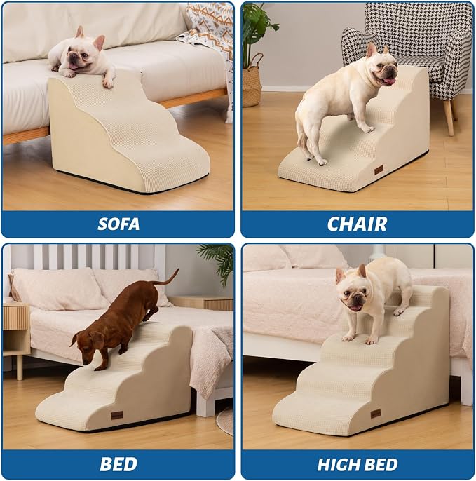 Aodisman 4-Step Dog Stairs and Ramp for Beds or Couches,Non-Slip Sturdy Pet Steps for Small Dogs and Cats,17.4" H,Beige