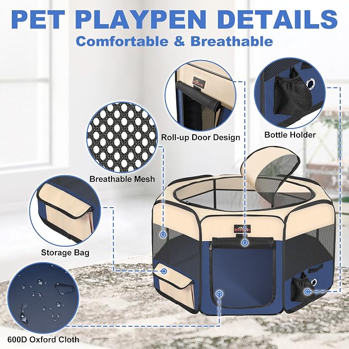 Aivituvin Dog Playpen, Foldable Waterproof, Blue, XL