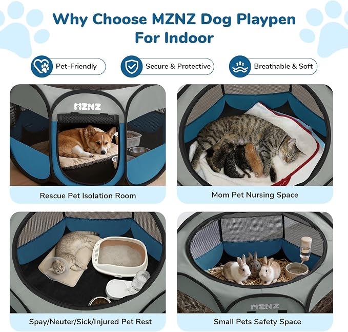 Dog Cat Playpen, Portable Puppy Pet Crate Indoors for Small/Medium Dogs Cats Rabbits, Foldable Dog Cage Enclosure for Outdoor, Pop Up Dogs Tent Kennel with Carrying Case, Grey Blue