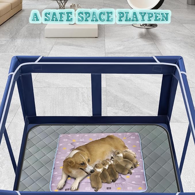 XVISHX 42x42 Inches Puppy Playpen with Dog Pads, Dog Playpen for Puppies or Small Dogs, Pet Playpen for Indoor & Outdoor, Sturdy Safety DogPen with Thickened Fabric, High-Strength Nylon Wire Mesh