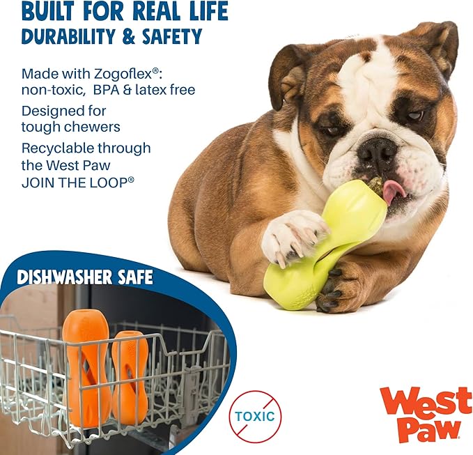 West Paw Qwizl Durable Zogoflex Dog Puzzle Toy for Mental Stimulation, and Enrichment - Treat Dispensing for Bully Sticks and Dental Sticks - Dishwasher Safe - Made in USA - Small - Aqua