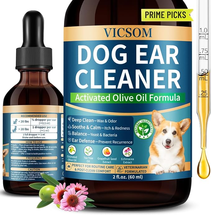 VICSOM Dog Ear Infection Treatment Drops with Ozonated Olive Oil, 60ml