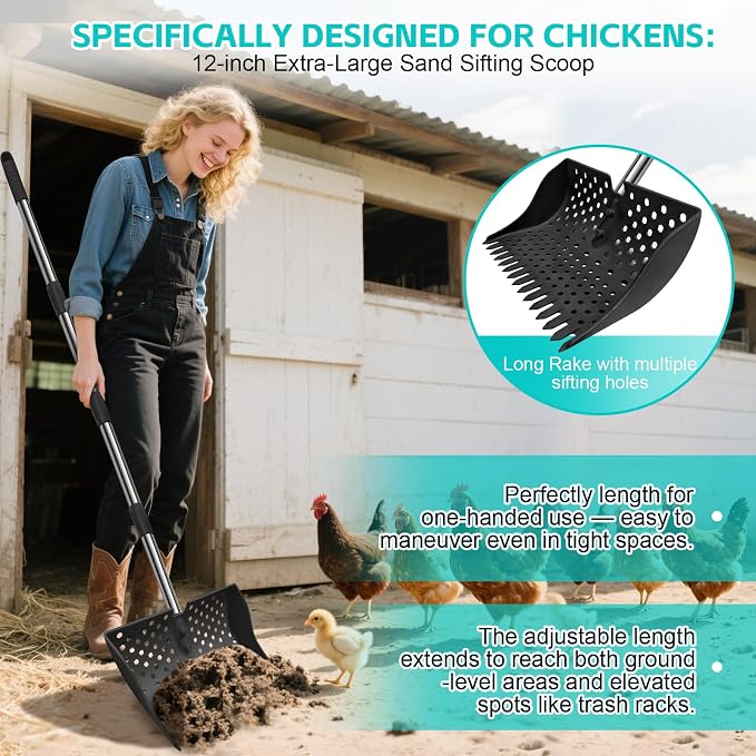 12" 2-in-1 Chicken Poop Scooper & Rake (US Patent No. D1124534), 3-Shape Sifting Holes Chicken Coop Rake, Stainless Steel Handle (20–61") - Litter Scoop Sand & Sifting Shovel (Black)