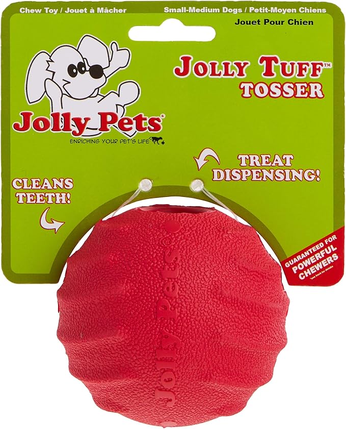 Jolly Pets Tuff Tosser Bouncing Ball Tog Toy/Treat Holder, 3 Inches, Red | Extra-tough treat-dispensing rubber toy with an erratic bounce — cleans teeth, dishwasher safe