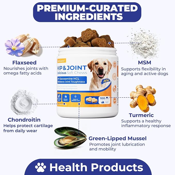 Hip & Joint Supplement for Dogs, Hip and Joint Chews Support Mobility, Senior Small All Breed Pain Relief with Glucosamine Chondroitin MSM Turmeric Green Lipped Mussel, Chicken Flavor, 100 Ct