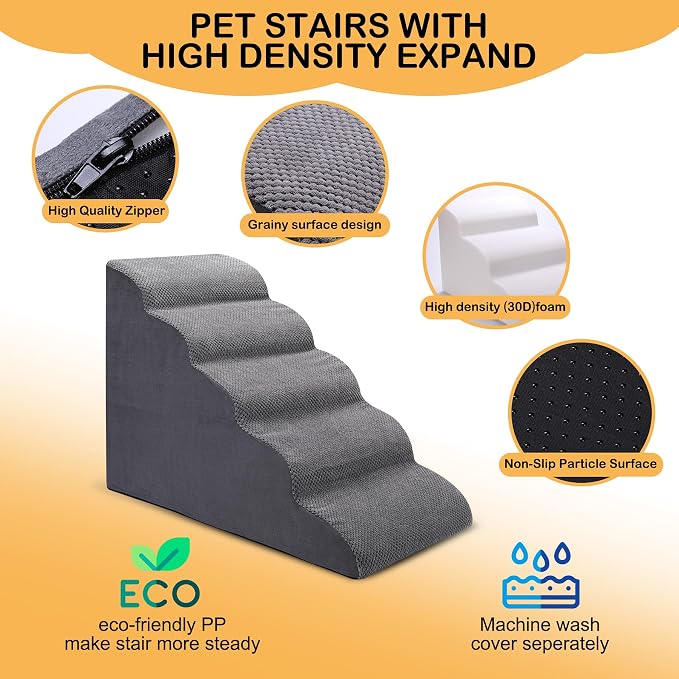 CiWiVOKi Dog Stairs for Bed, 5-Step Dog Steps for Couch and High Bed, Non-Slip Pet Stairs, 24" High Sofa Foam Ramp - Best for Small Pets, Older Cats with Joint Pain