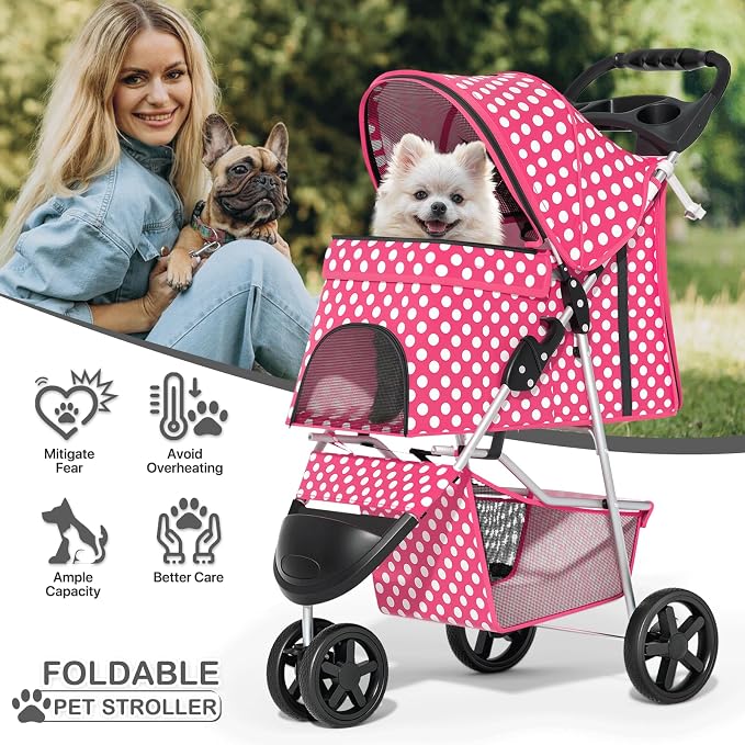 MoNiBloom 3-Wheel Foldable Pet Stroller - Hot Pink Polka Dots