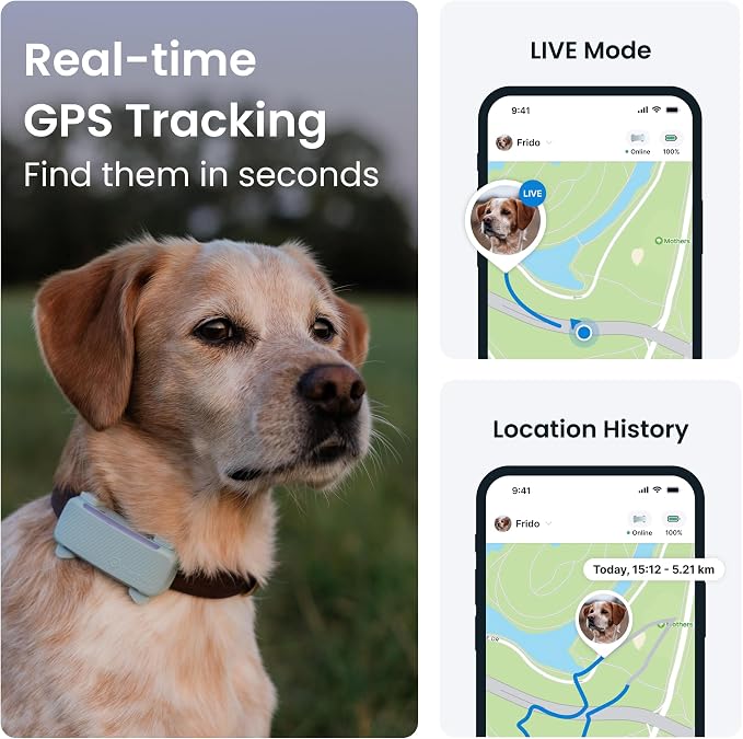 Tractive GPS Dog Tracker (2025 Release) Real-time Pet Location Tracker | Health & Wellness Alerts | Virtual Fence for Dogs | Bark Monitoring (Mint w/Pink Cover)