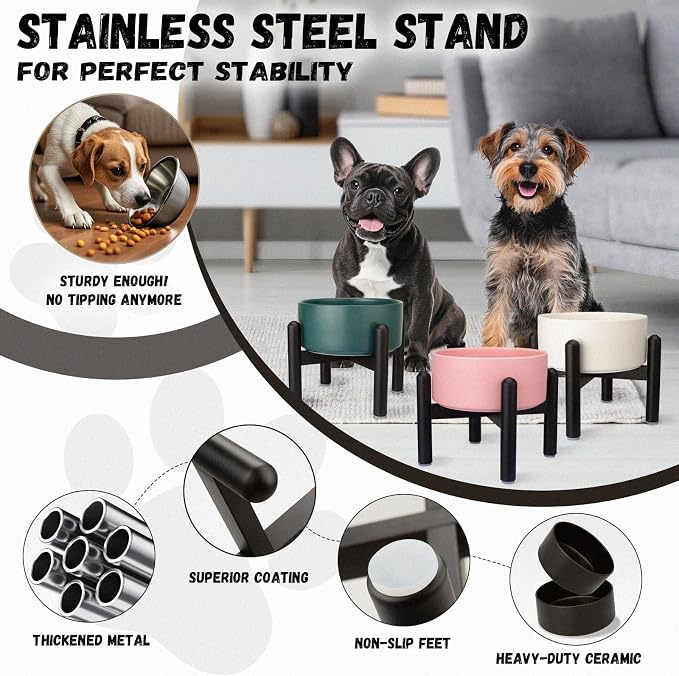 Raised Ceramic Dog Bowl - Elevated Food Water Dish with Stainless Steel Stand - for Small to Medium Dogs - 6 Inch - 2 Cups (28.75 fl oz) - Grey