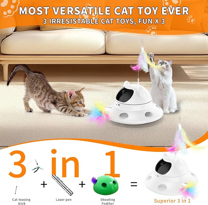 3-in-1 Auto Laser Cat Toy, USB Recharge Motion Activated Kitten Feather Chase Toy - Pure White