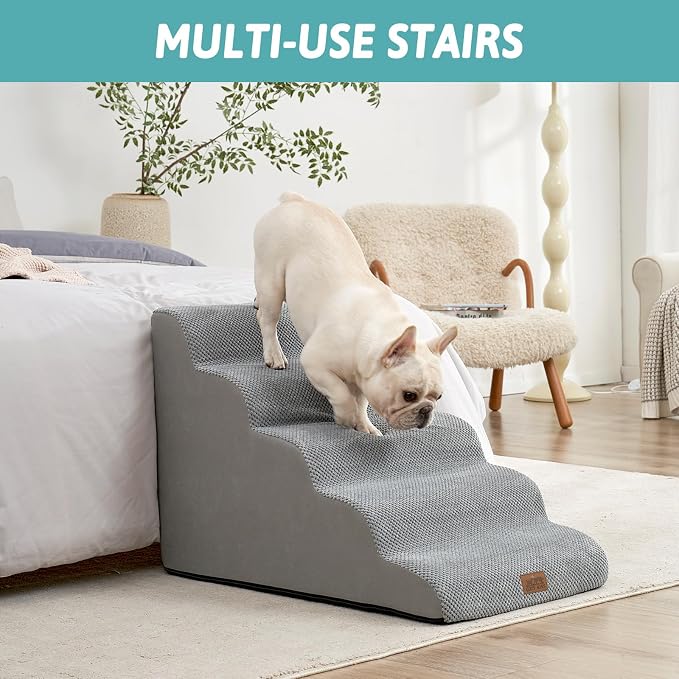 COZY KISS Extra Wide Dog Stair for Small Dog, 5 Step Pet Ramp for Bed | Curved Stable Dog Step for Puppy, Older Cat, Senior, Medium, Short-Legged Dog, Non-Slip Ladder for High Bed, 22.4" H, Grey