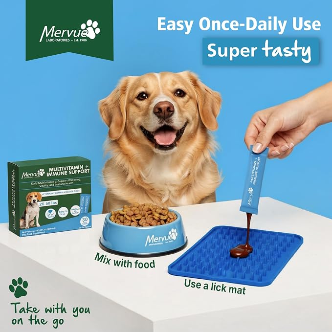 Mervue Multivitamin + Immune Support for Dogs (30 Day Supply) | Pre-Measured Medium Dog Vitamins in Gel Packets – Multivitamin for Dogs w/Beta-Glucans & Vitamin C for Energy & Healthy Coat