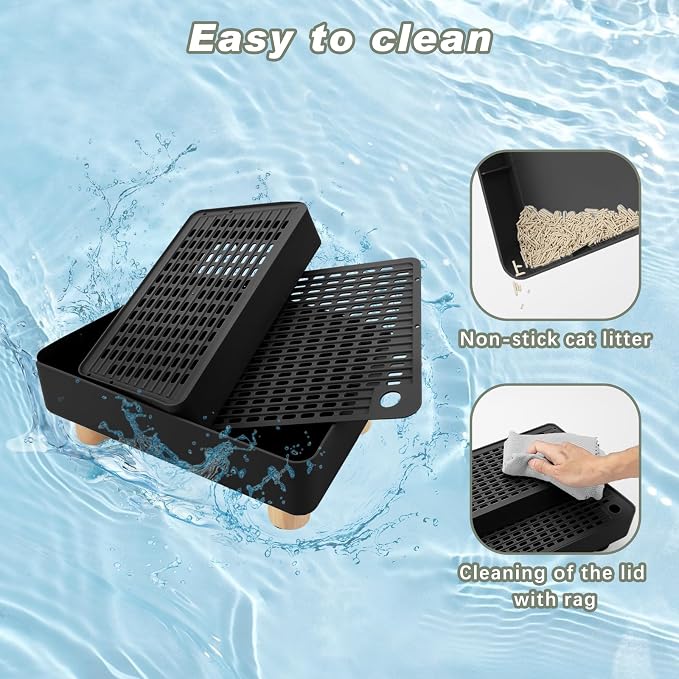 Elevated Cat Ramp for Litter Box, 2 Steps Cat Pedal Step Stool with Wooden Base, Detachable Double Layered Cats Litter Trapper, Suitable for Small&Elderly Cats, Non-Slip(Black)