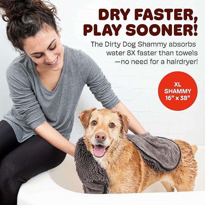 Dog Gone Smart The Dirty Dog Shammy - Fast Drying Plush Shammy Towel with Dual Hand Pockets and Elastic - Super Absorbent Polyamide Microfiber & Machine Washable - Brown, X-Large