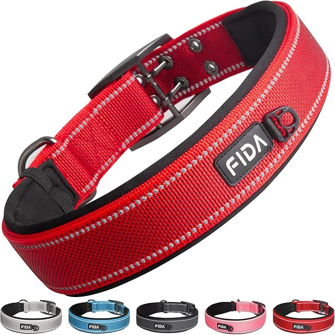 Fida Heavy Duty Dog Collar for Large Dogs with Metal Belt Buckle, Red | 1.5" Width, Soft Neoprene Padded, Thicker Nylon Webbing, Adjustable Fit, Reflective Stitching for Night Safety