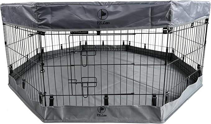 PJYuCien Dog Playpen with Top Cover and Bottom Pad - Metal Foldable Exercise Pen, 8 Panels 24" H x 24" W Indoor Outdoor Pet Fence Puppy Crate Kennel, Gray