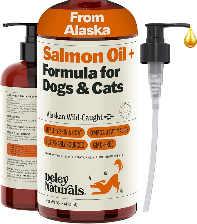 Deley Naturals Wild Alaskan Salmon Oil for Dogs & Cats - New and Improved Salmon Oil Plus Formula - Fish Oil for Dogs with Omega 3, DHA and EPA - Omega 3 for Healthy Skin and Coat - 16oz Made in USA