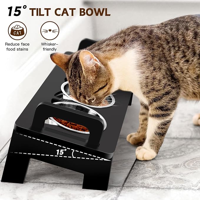 Bamboo Elevated Cat Bowls, 3 Stainless Steel Raised Cat Bowl with Stand, 15°Tilted Cat Feeding Station, Cat Food and Water Bowl Set for Small Cats, Anti Vomitting, Whisker Fatigue (Black)