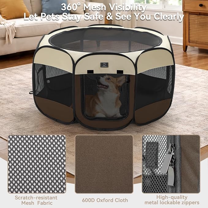 Dog Playpen for Small Dogs & Puppies, 29.92" Portable Indoor Outdoor Puppy Playpen with Bowl, Waterproof Floor, Foldable Pop-Up Pet Pen for Home, Travel & Daily Use, Brown+Beige