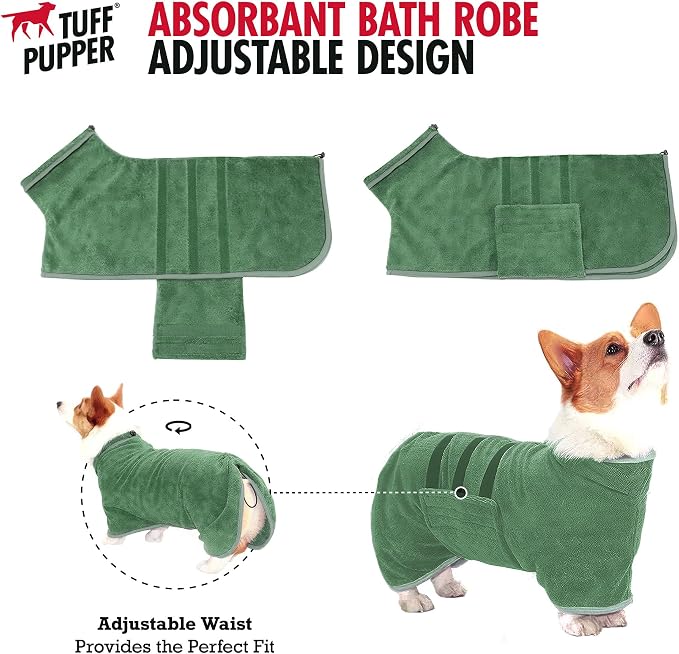 Tuff Pupper Fast Drying Dog Bath Robe | 800 GSM Plush Dog Towel Bathrobe/Dressing Gown | Super Absorbent Pet/Puppy Bathrobe | Adjustable Hood & Belly Strap | Super Soft | Fast Drying (S, Green)