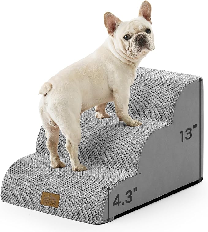 COZY KISS Dog Stairs for Small Dogs, 3 Step Pet Stairs for Beds & Couches | 13" H Curved Non-Slip Foam Dog Steps with Washable Cover for Puppies, Older Cats & Small Dogs, 15.7x19.7x13 in, Gray