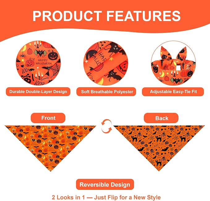 Halloween Dog Bandana, Pumpkin, Large, Medium, Orange