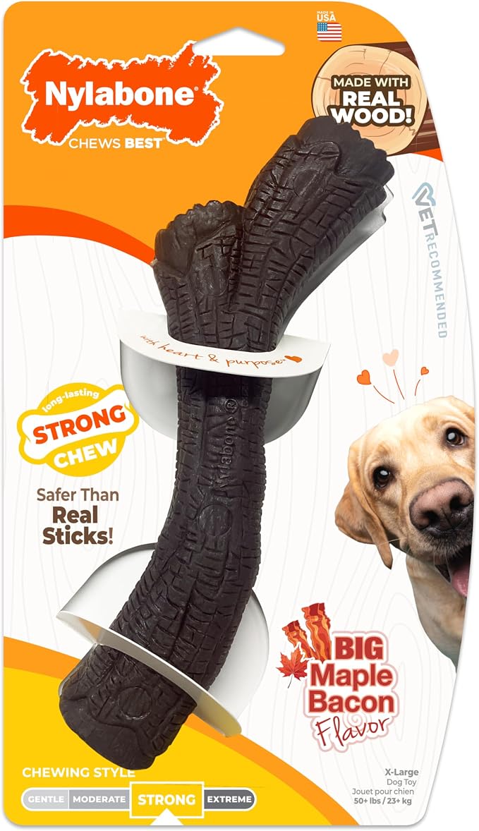 Nylabone Strong Chew Stick Made with Real Wood Dog Chew Toy, X-Large | Bacon flavor, x-large breeds, no splintering, durable chew toys, long lasting, helps clean teeth, for dogs 50+ lbs