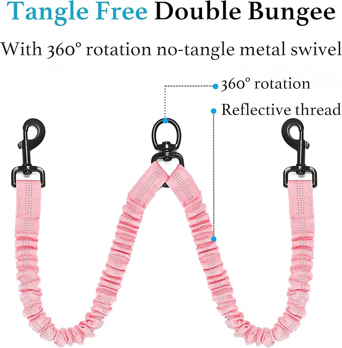 iYoShop Double Dog Leash, 360° Swivel, No Tangle, Medium, 8-35LB, Baby Pink | Dual Leash for Two Dogs, Split Leash, Shock-Absorbing Bungee, Padded Handle, Heavy-Duty Rope