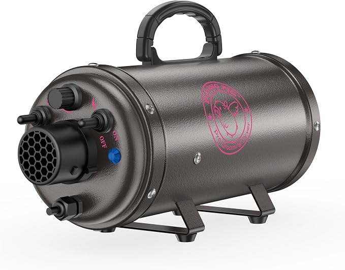 Flying Pig Turbo Dog Grooming Dryer with ForceFlow Drying Power, Variable Speed and Heat Control (Dark Grey w/Pink Logo)