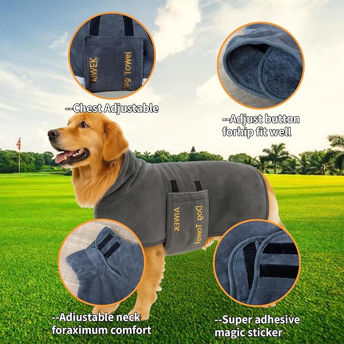 Dog Towel Dog Bathrobe, Microfiber Super Absorbent Pet, Quick Drying Robe for After Bath, Adjustable Collar & Belly Strap Pet Cat Bath Robe Towel Grey-L