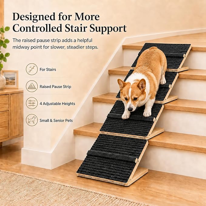 6 Pack Dog Ramp for Stairs – Solid Wood Adjustable & Foldable, 4 Heights, Non-Slip Silicone Base, Traction Felt, Raised Pause Strip, 35lb for Small & Senior Dogs