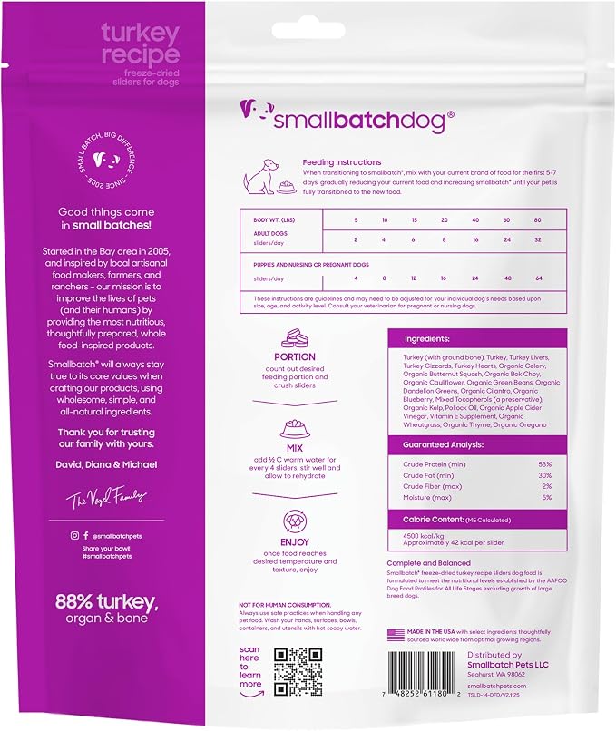 smallbatch Pets Freeze Dried Raw Dog Food, Turkey Recipe, 14 oz, Organic High Protein Dog Food, Grain Free, Made in the USA, Humanely Raised Meat, Single Protein, for Picky Eaters, Hydrate & Serve