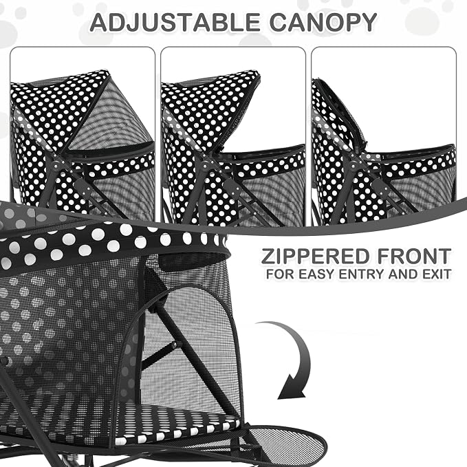 MoNiBloom 4-Wheel Foldable Pet Stroller - Black Polka Dots