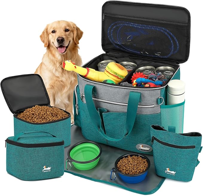 Dog Travel Bag 7-Piece Set with Food Containers, Bowls & Treat Pouch, Teal