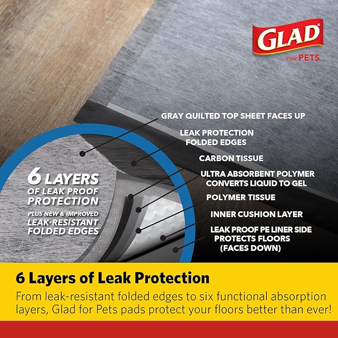 Glad for Pets XL Charcoal Training Pads, Activated Carbon Odor Control with Heavy Duty Leak-Resistant Layers, Quick-Dry Quilted Top Surface, Indoor Potty and Crate Liner, 24 x 24 in, 30 Count