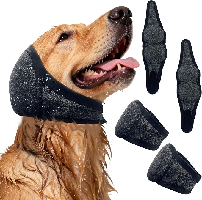 2Pcs Dog Ear Muffs Noise Protection Anxiety Relief for Fireworks Thunder, No Flap Ear Wrap Ear Covers for Bathing Swimming Grooming, Waterproof Elastic Adjustable Dog Snood Comfortable Quiet (Grey, L)