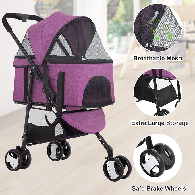 BestPet Premium 3-in-1 Pet Stroller - Purple, 3-Wheel